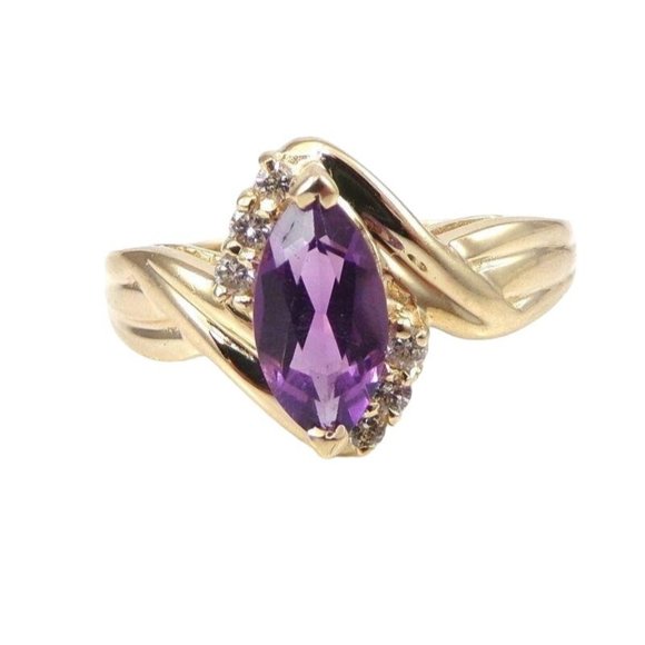 Solid 14K Yellow Gold Purple Amethyst 0.12TCW Diamond Ring Size 9.25
